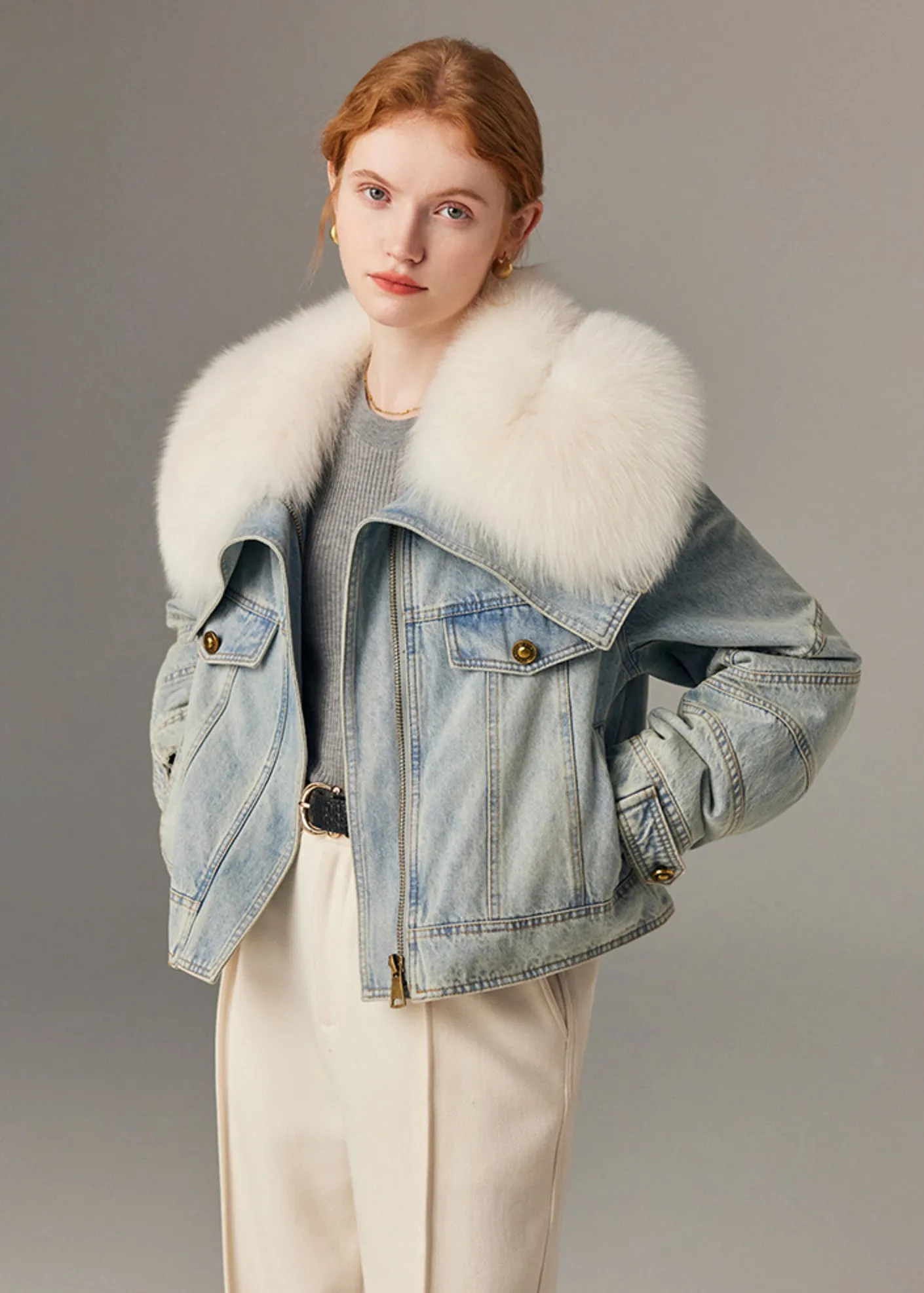 Real Fox Fur Collar Quilted Goose Down Short Denim Coat